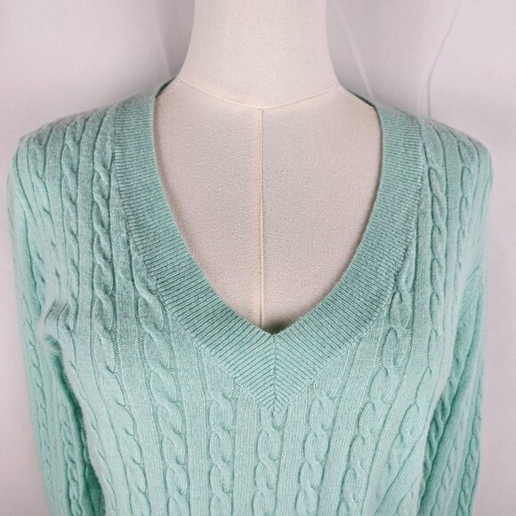 J. Crew V-Neck Sweater Sz Medium Mint Cable Knit Wool Cashmere Blend - Picture 2 of 10